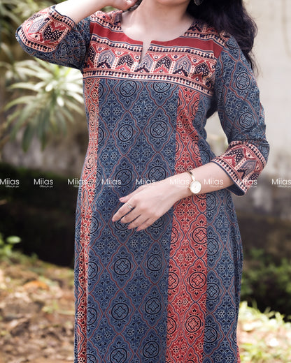 Ajrakh 5-Panel Dress Kurti | Mirror Yoke | Blue