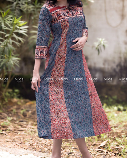 Ajrakh 5-Panel Dress Kurti | Mirror Yoke | Blue