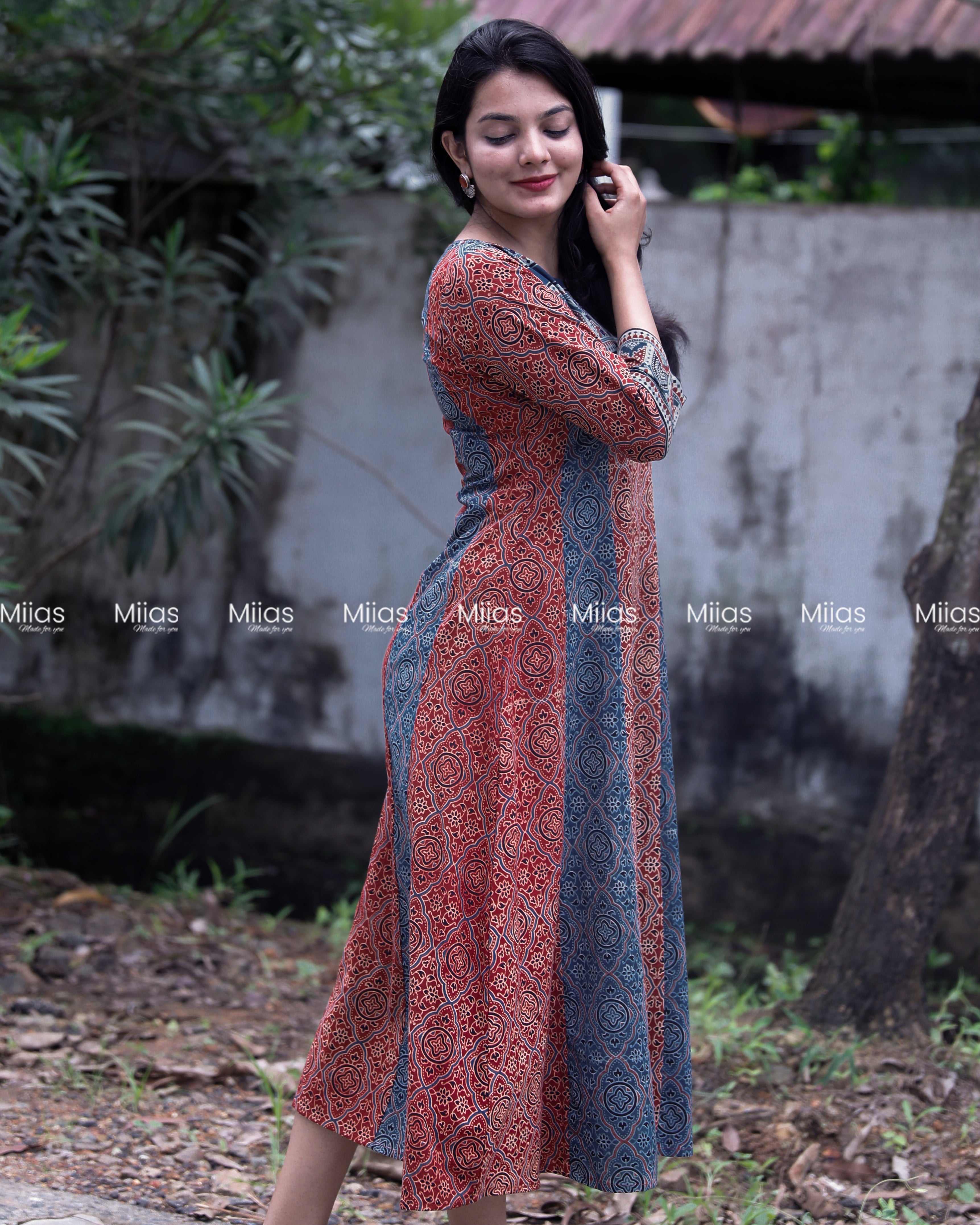Ajrakh 5-Panel Dress Kurti | Mirror Yoke | Brick Red