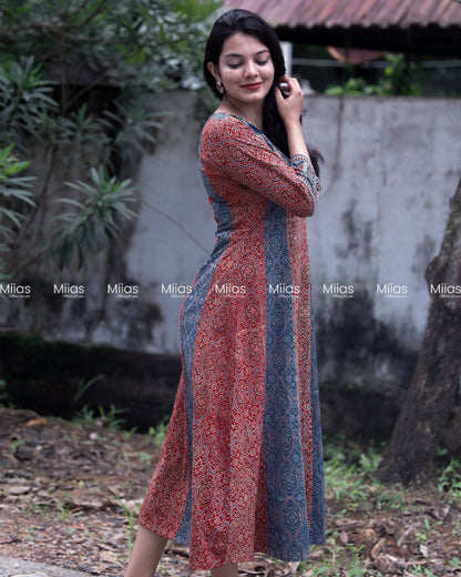 Ajrakh 5-Panel Dress Kurti | Mirror Yoke | Brick Red