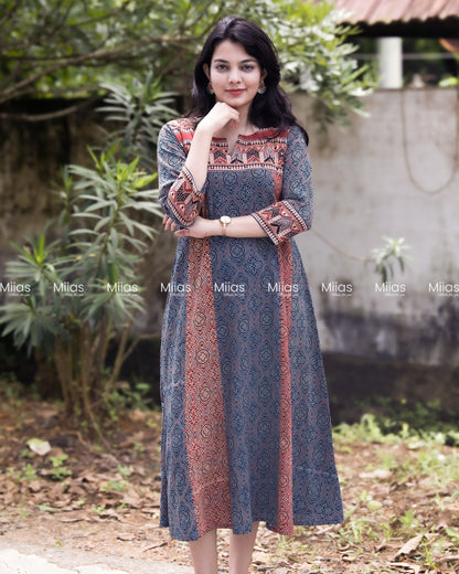 Ajrakh 5-Panel Dress Kurti | Mirror Yoke | Blue
