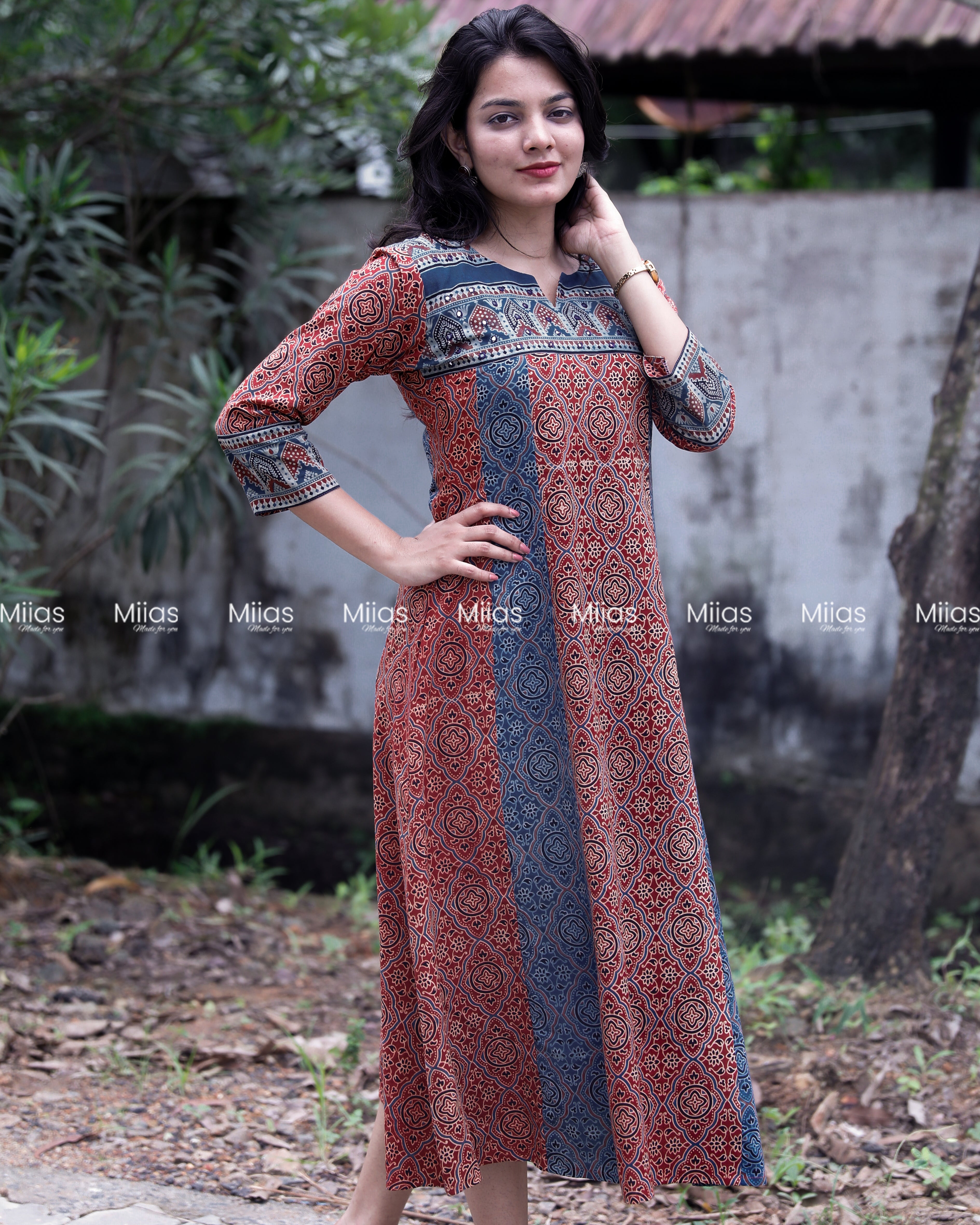 Ajrakh 5-Panel Dress Kurti | Mirror Yoke | Brick Red
