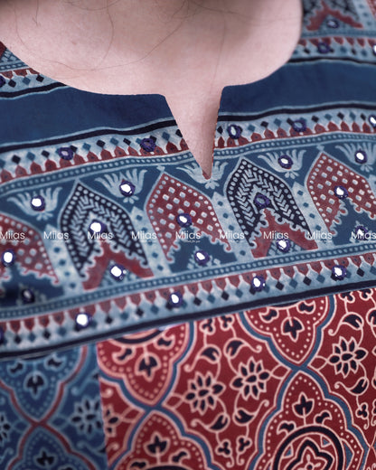 Ajrakh 5-Panel Dress Kurti | Mirror Yoke | Brick Red