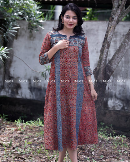 Ajrakh 5-Panel Dress Kurti | Mirror Yoke | Brick Red