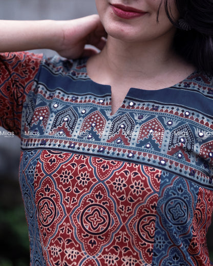 Ajrakh 5-Panel Dress Kurti | Mirror Yoke | Brick Red