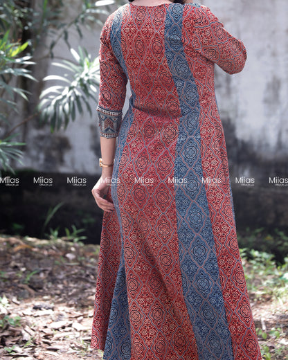 Ajrakh 5-Panel Dress Kurti | Mirror Yoke | Brick Red