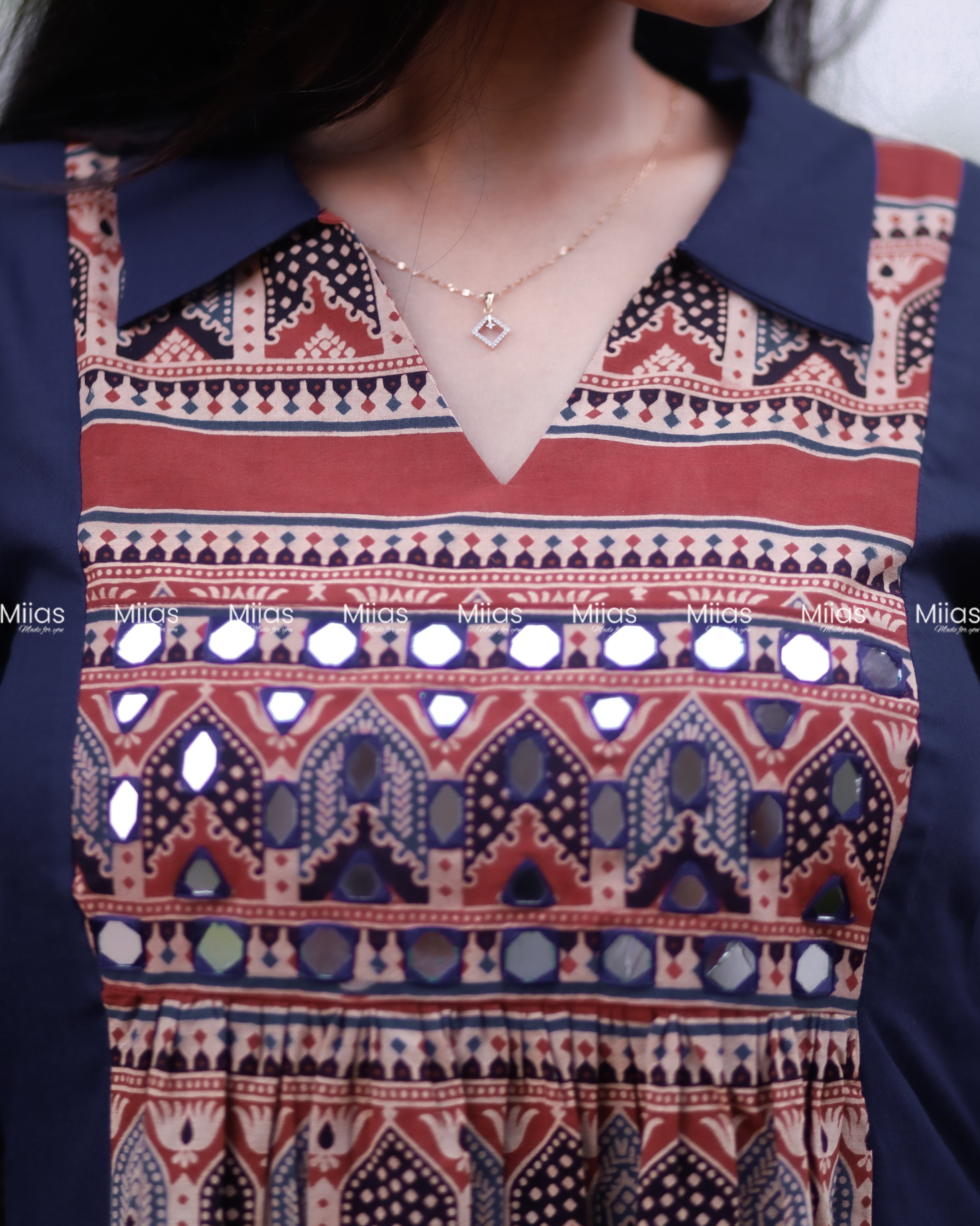 Cotton 3-Panel Dress Kurti | Ajrakh Print + Mirror Yoke | Blue with Red