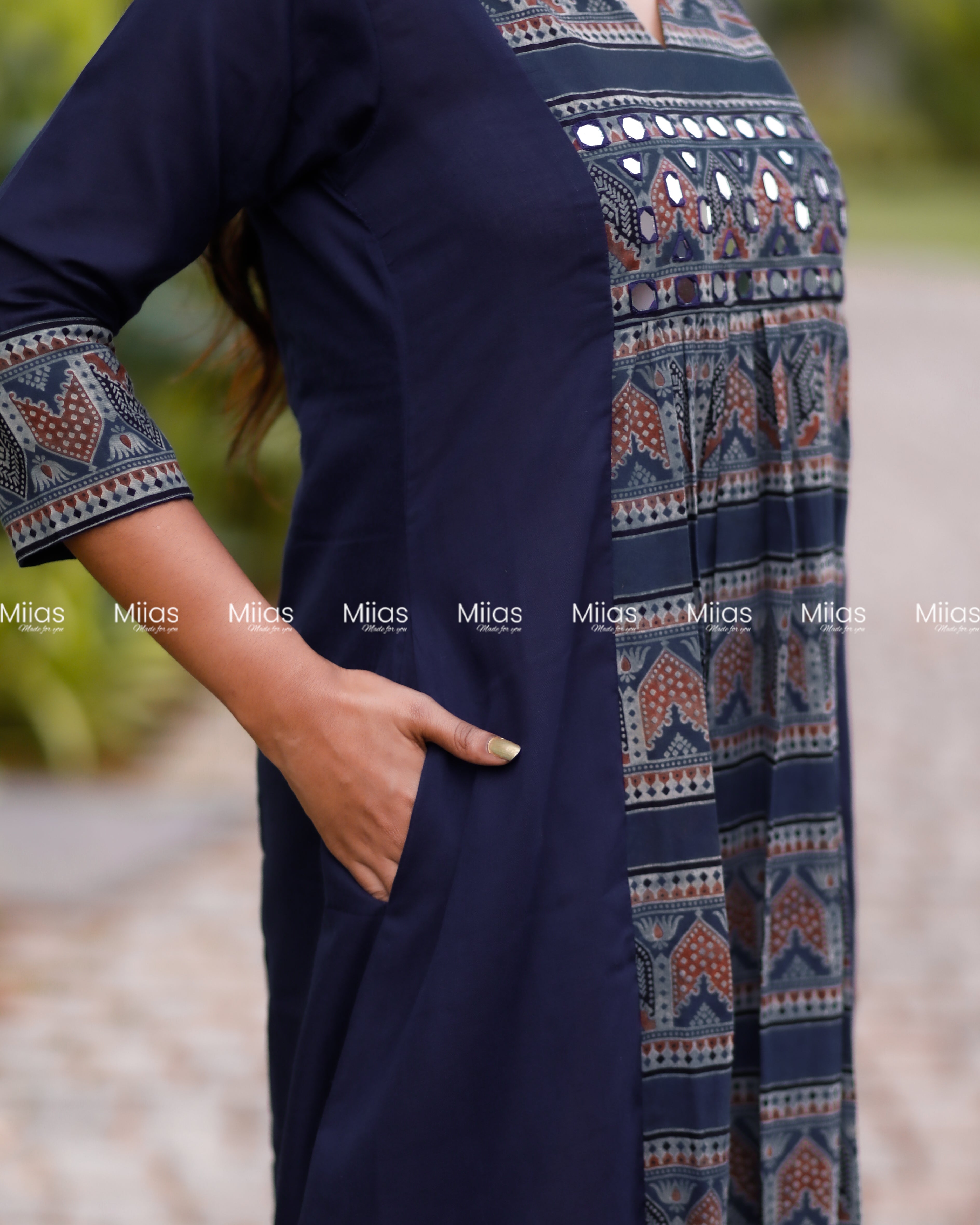 Cotton 3-Panel Dress Kurti | Ajrakh Print + Mirror Yoke | Blue