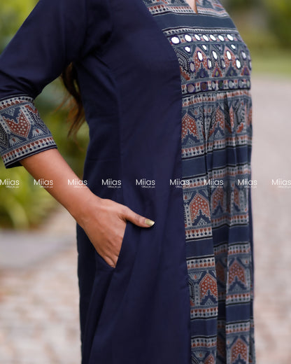 Cotton 3-Panel Dress Kurti | Ajrakh Print + Mirror Yoke | Blue