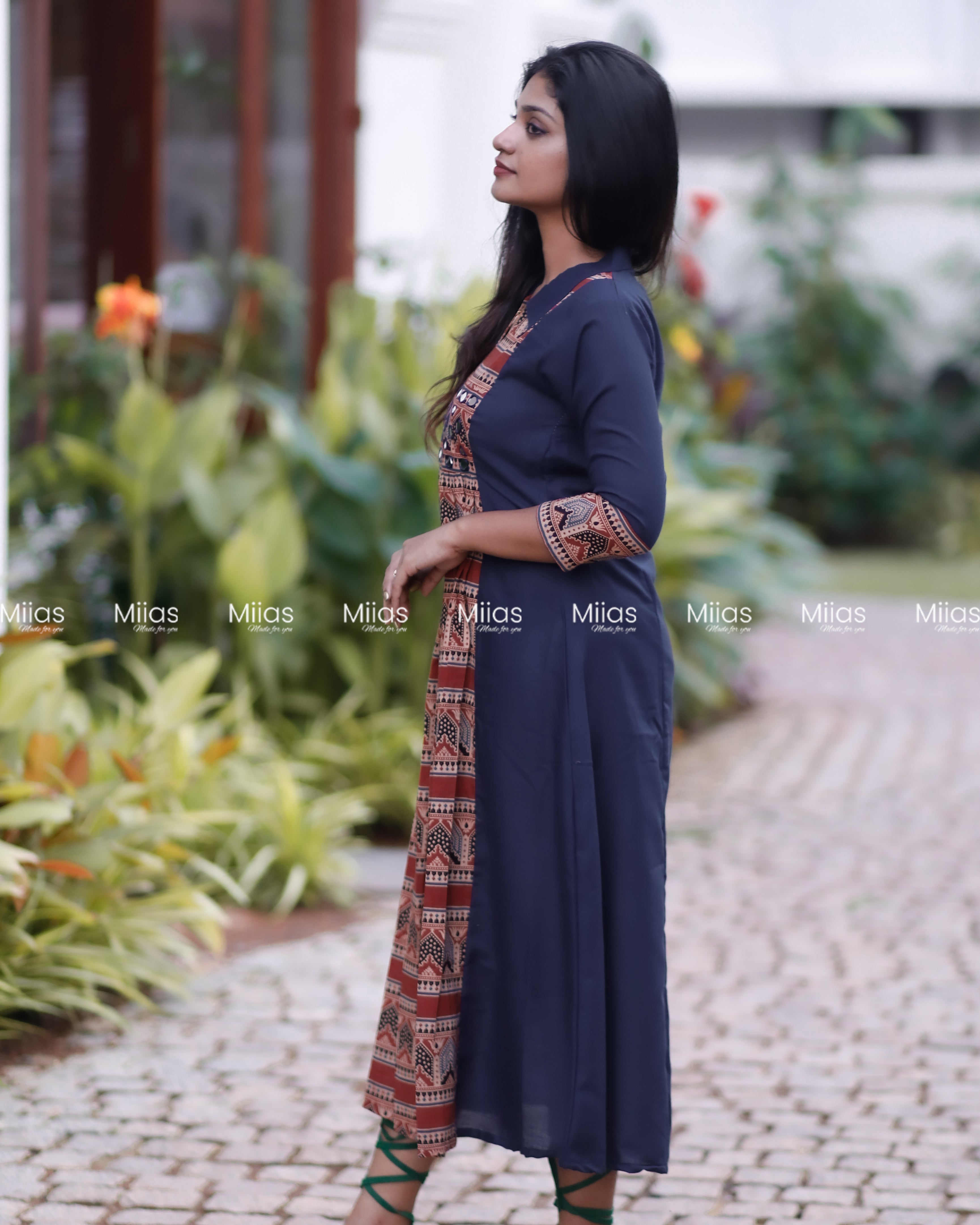 Cotton 3-Panel Dress Kurti | Ajrakh Print + Mirror Yoke | Blue with Red