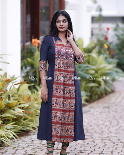 Cotton 3-Panel Dress Kurti | Ajrakh Print + Mirror Yoke | Blue with Red
