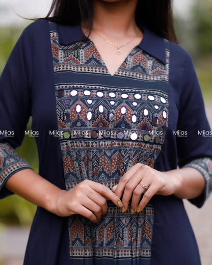 Cotton 3-Panel Dress Kurti | Ajrakh Print + Mirror Yoke | Blue