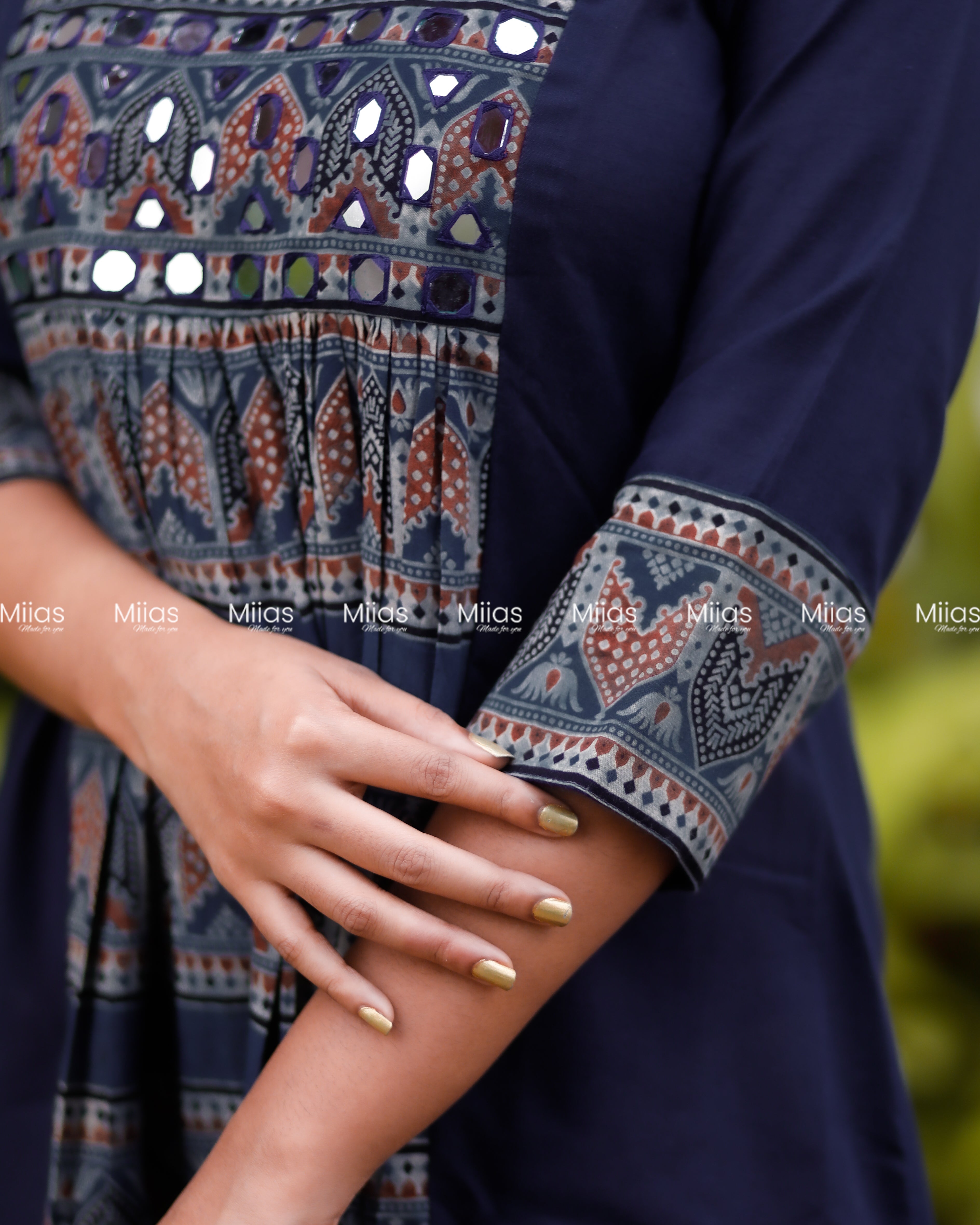 Cotton 3-Panel Dress Kurti | Ajrakh Print + Mirror Yoke | Blue