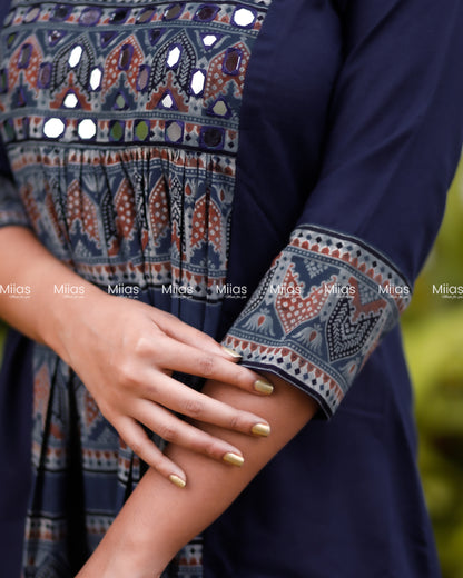 Cotton 3-Panel Dress Kurti | Ajrakh Print + Mirror Yoke | Blue