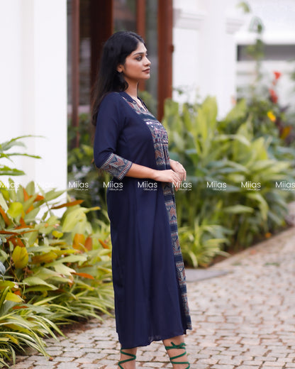 Cotton 3-Panel Dress Kurti | Ajrakh Print + Mirror Yoke | Blue