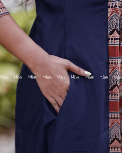 Cotton 3-Panel Dress Kurti | Ajrakh Print + Mirror Yoke | Blue with Red