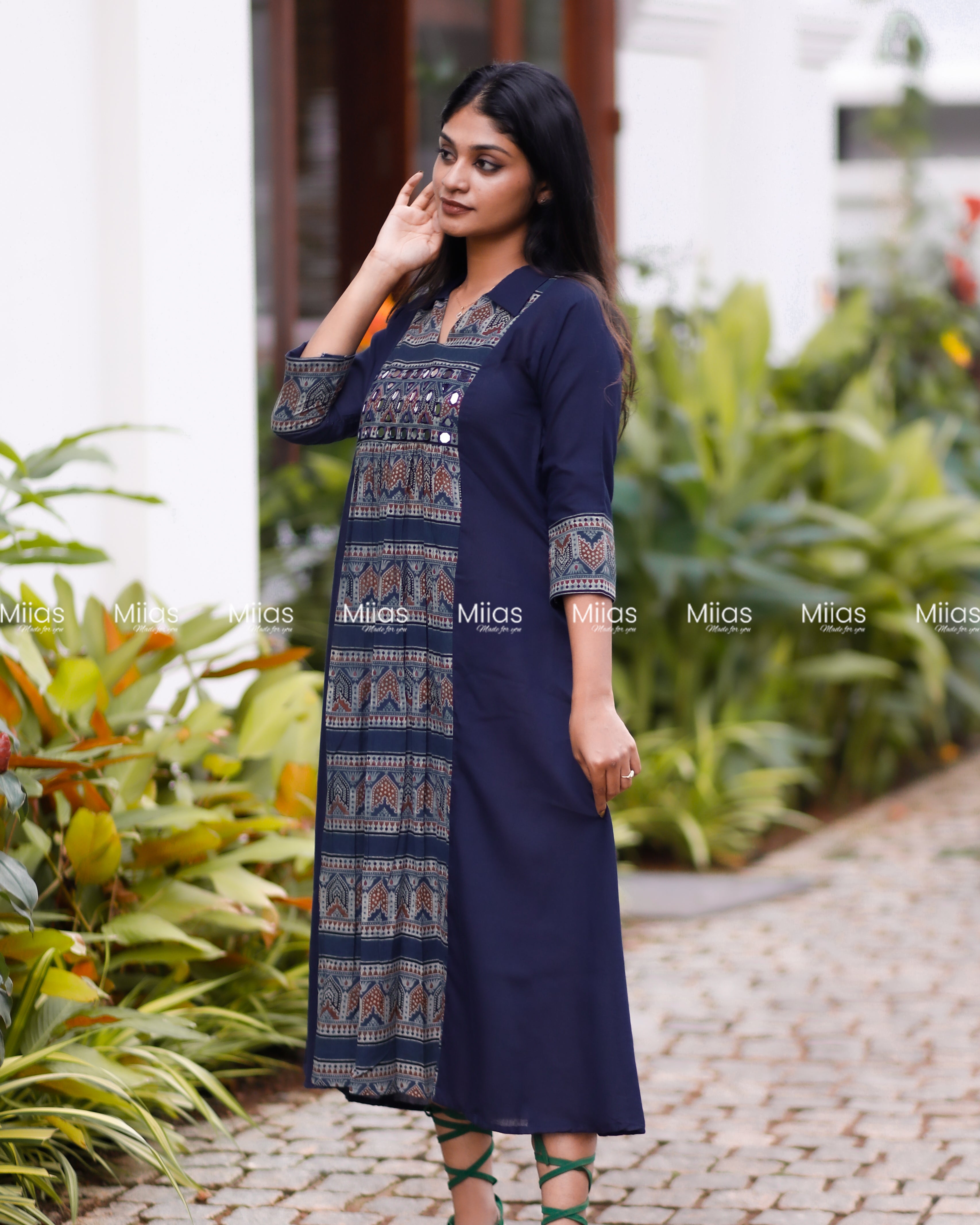 Cotton 3-Panel Dress Kurti | Ajrakh Print + Mirror Yoke | Blue