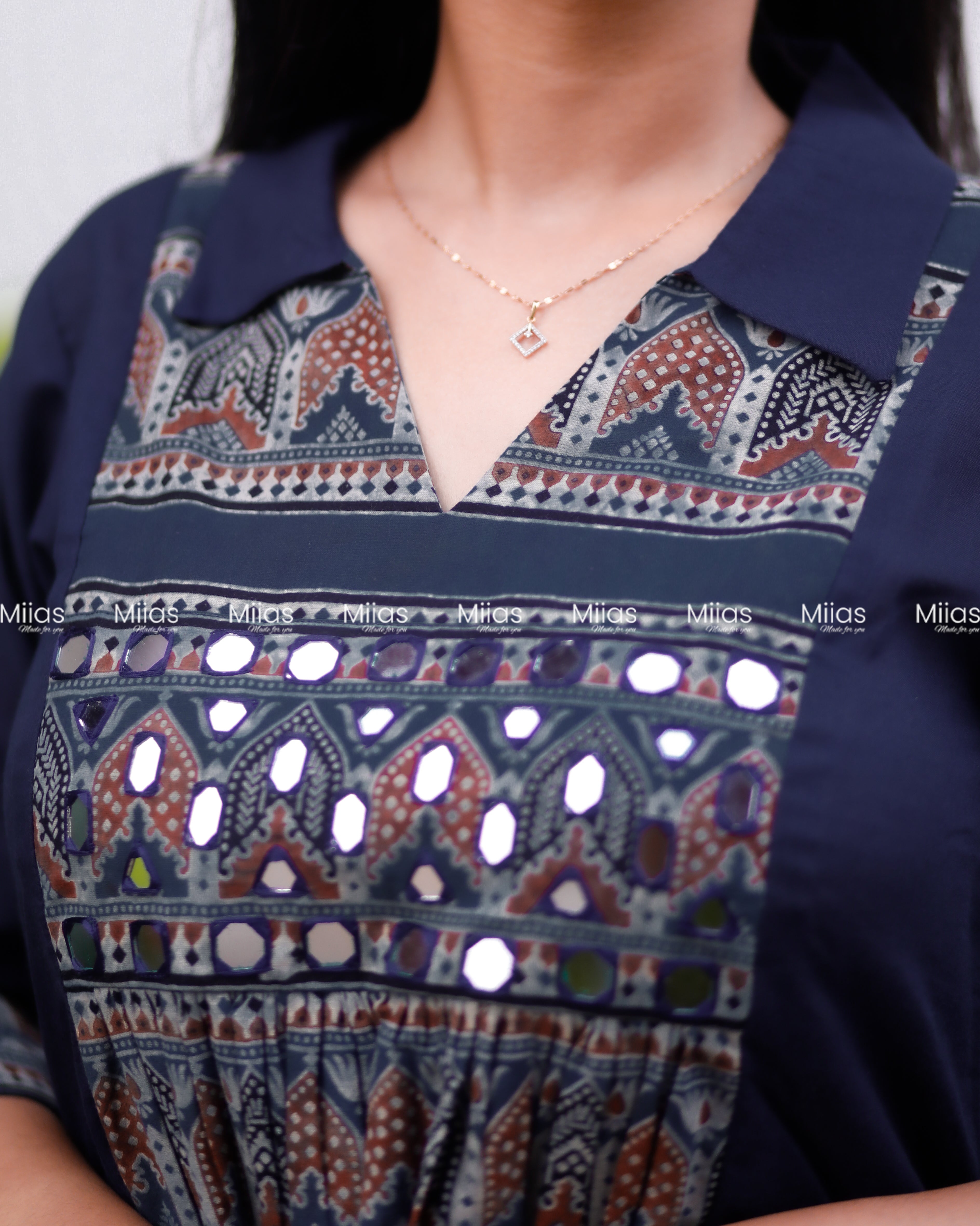 Cotton 3-Panel Dress Kurti | Ajrakh Print + Mirror Yoke | Blue