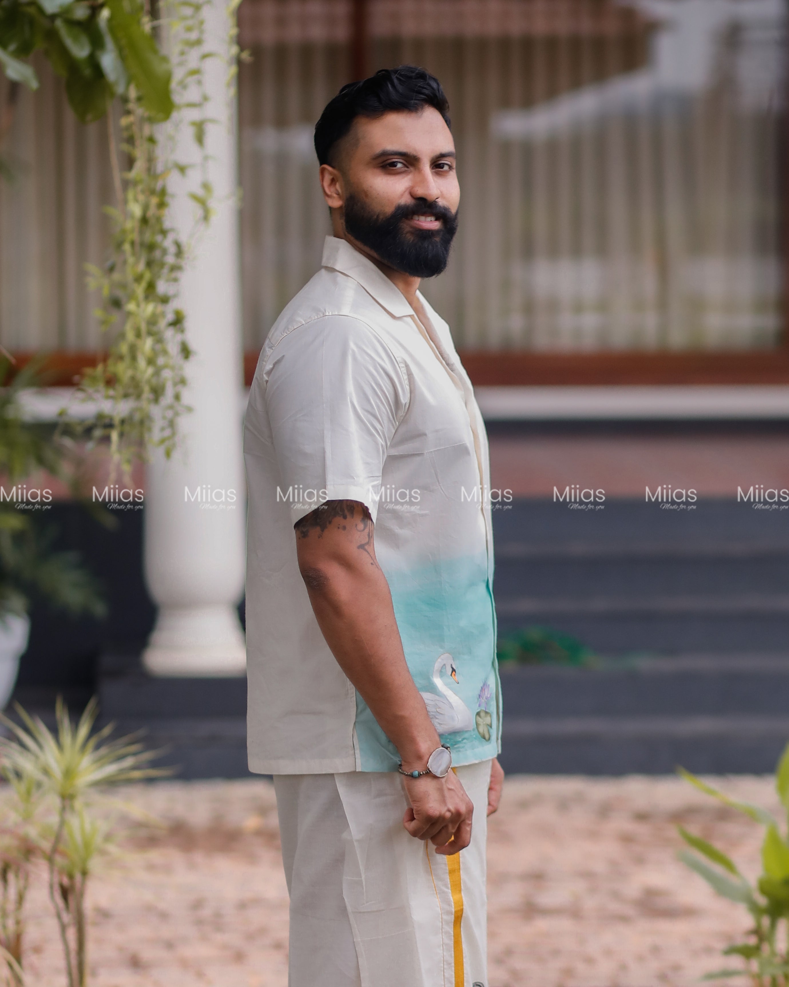 Kora Cotton Relaxed Shirt | Hand-Painted Swan + Lily| Ivory