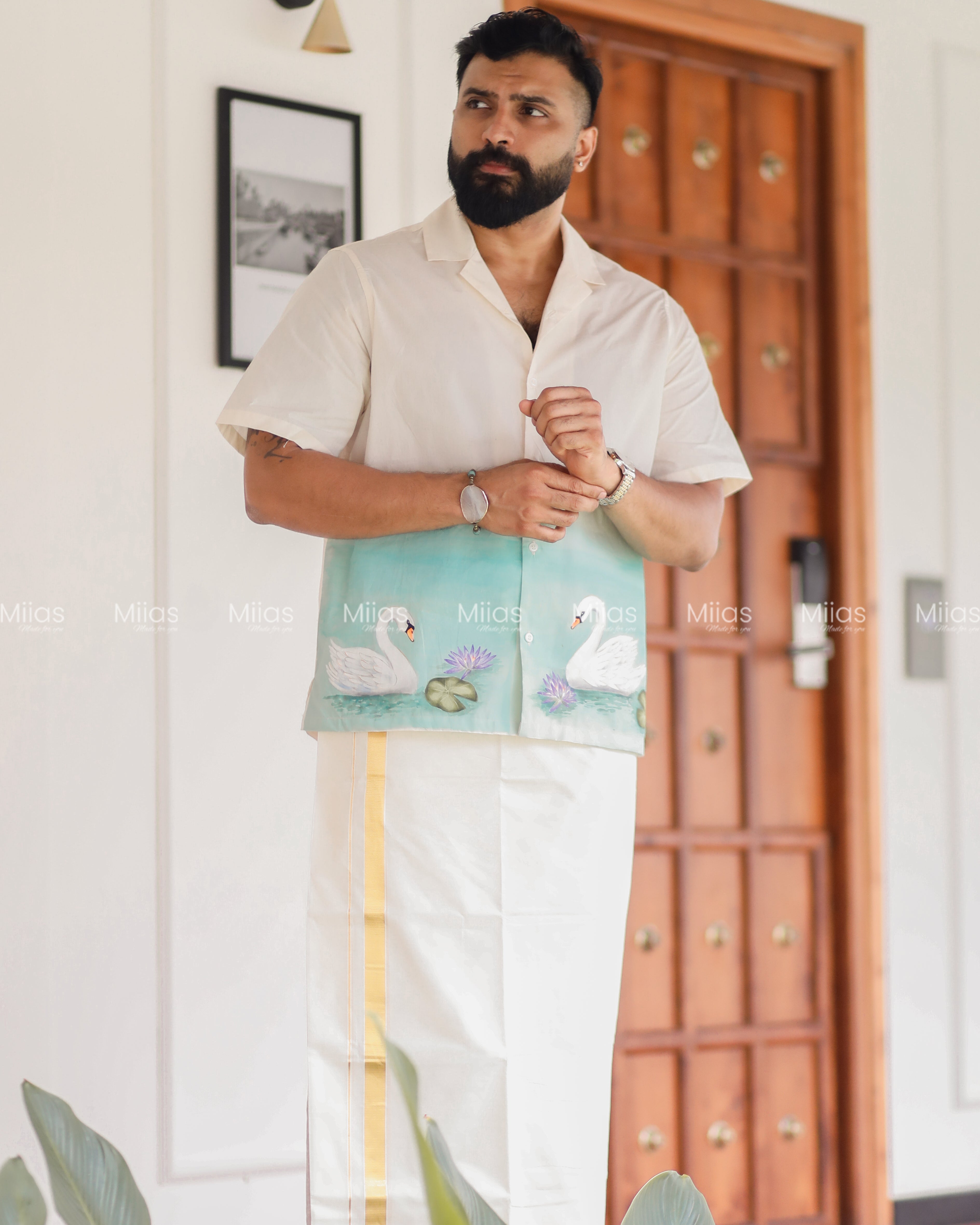 Kora Cotton Relaxed Shirt | Hand-Painted Swan + Lily| Ivory