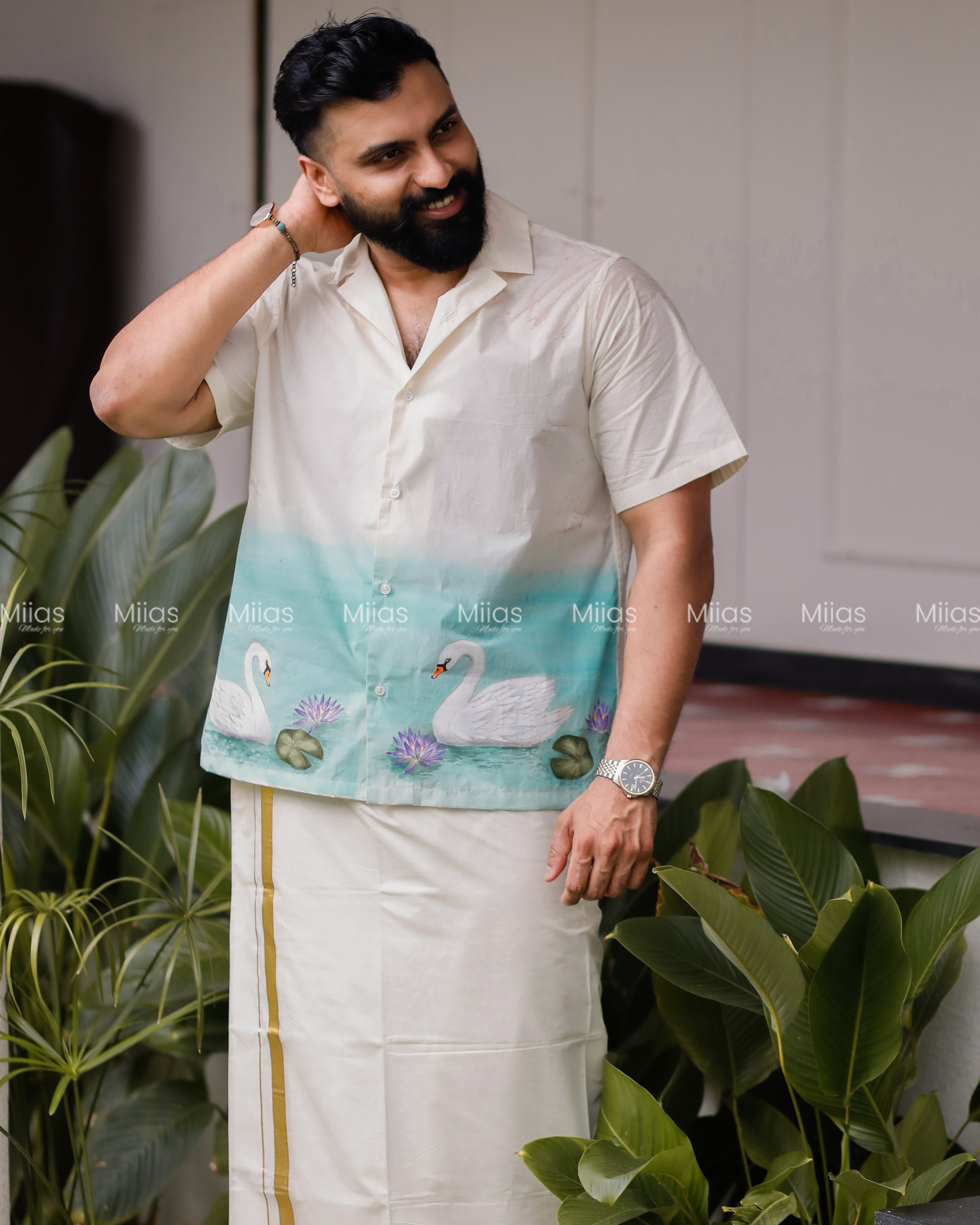 Kora Cotton Relaxed Shirt | Hand-Painted Swan + Lily| Ivory