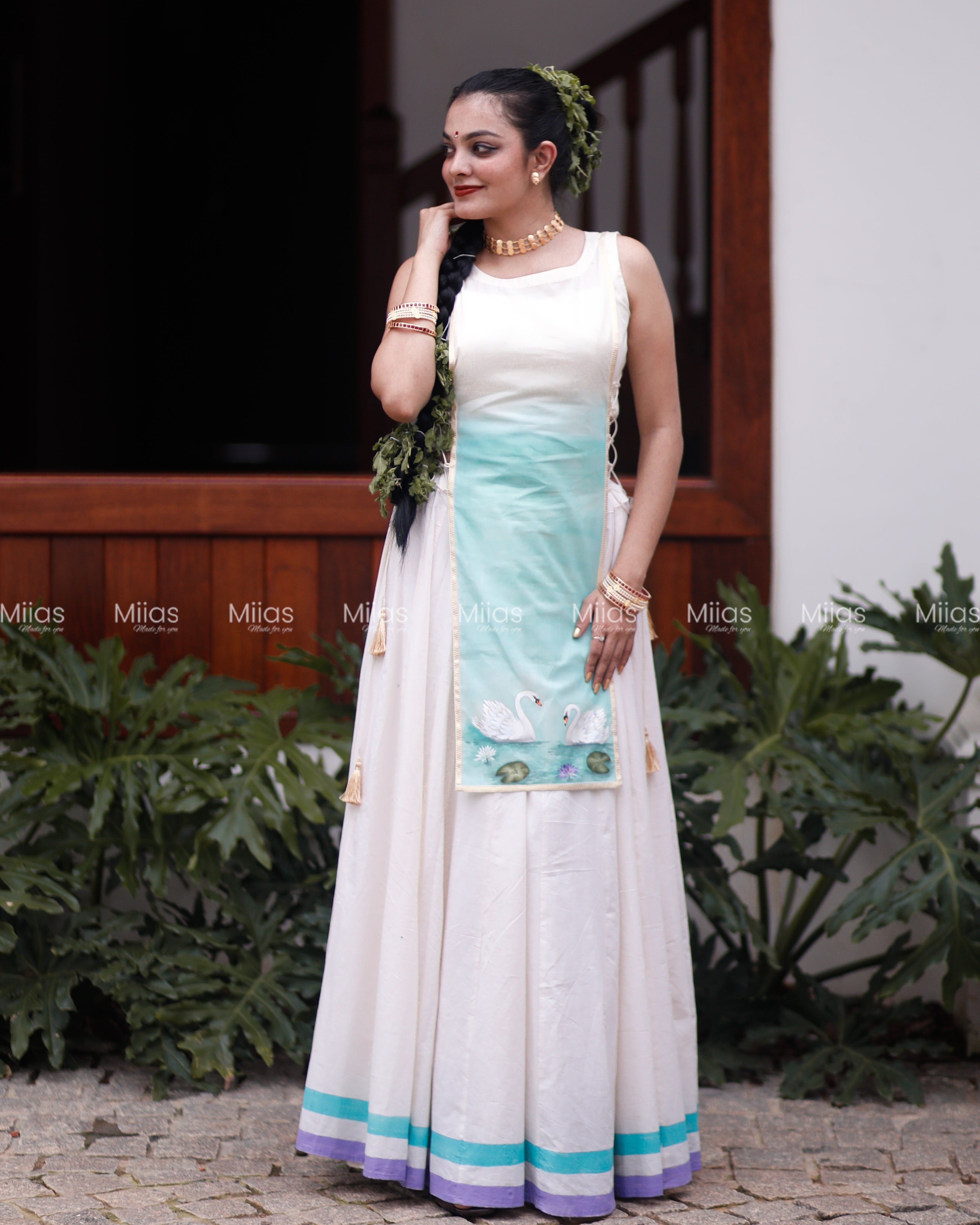 Kora Cotton Skirt Set | Painted Border + Swan Jacket | Ivory