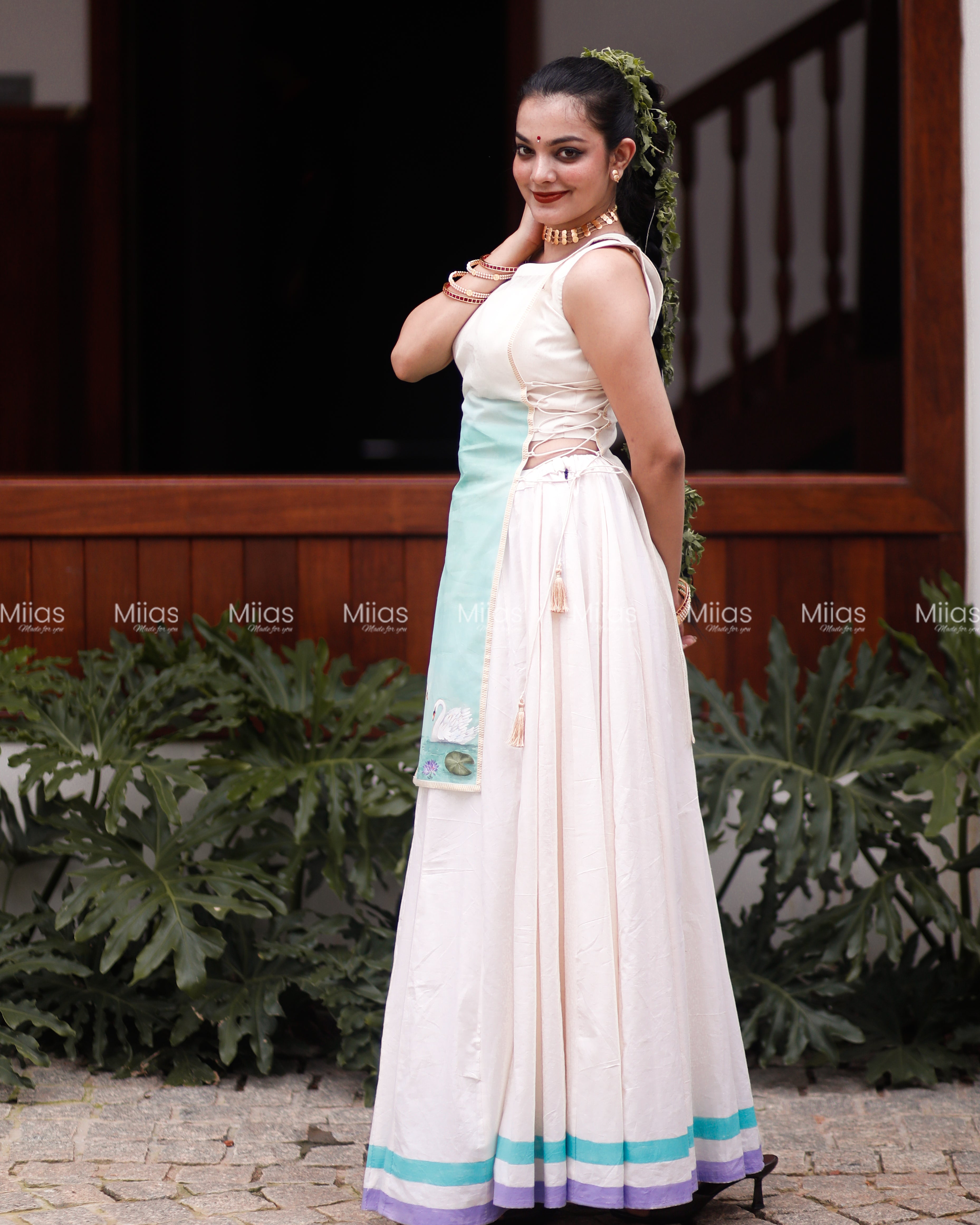 Kora Cotton Skirt Set | Painted Border + Swan Jacket | Ivory