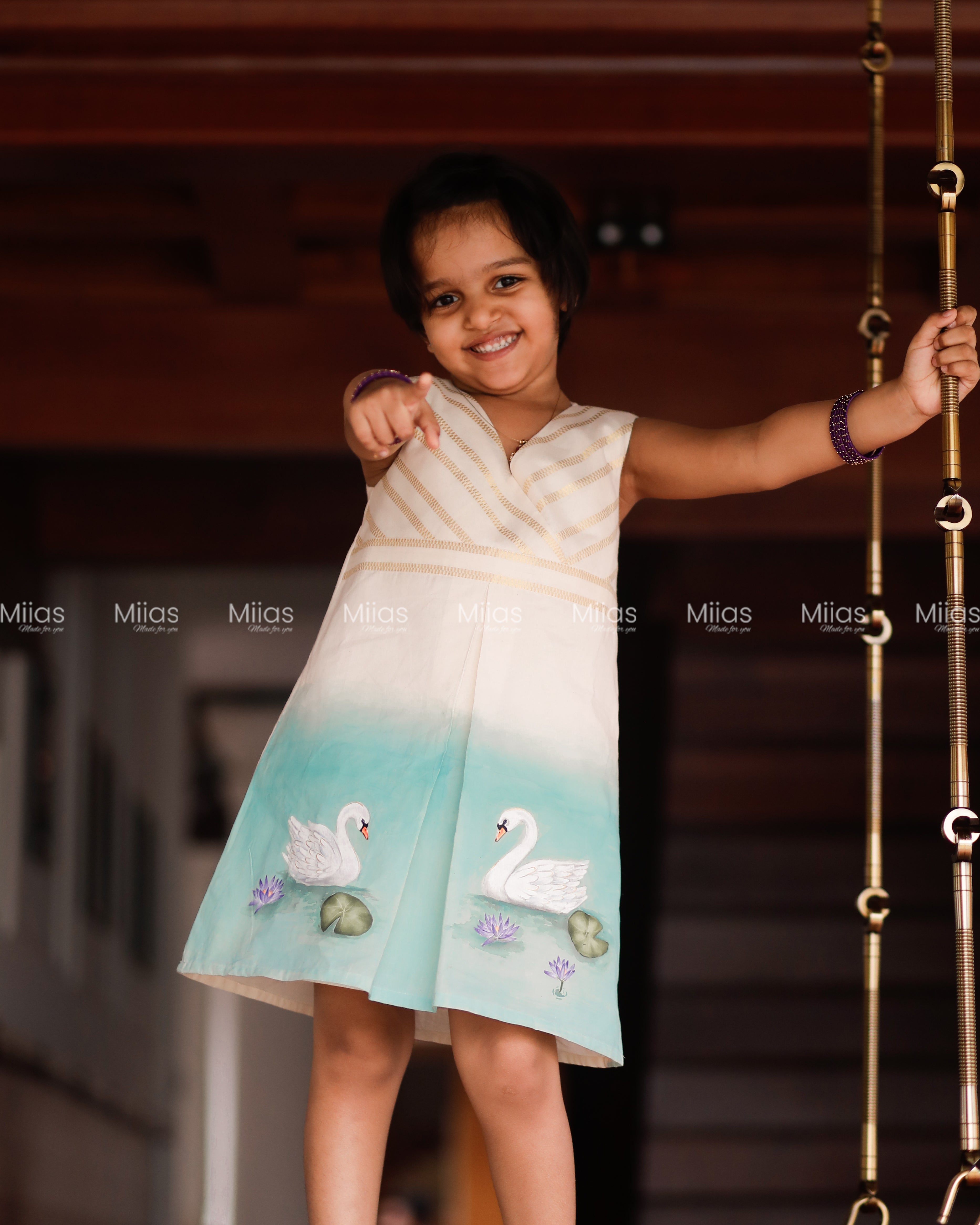 Kora Cotton A-Line Frock | Lurex Yoke + Hand-Painted Hem | Ivory
