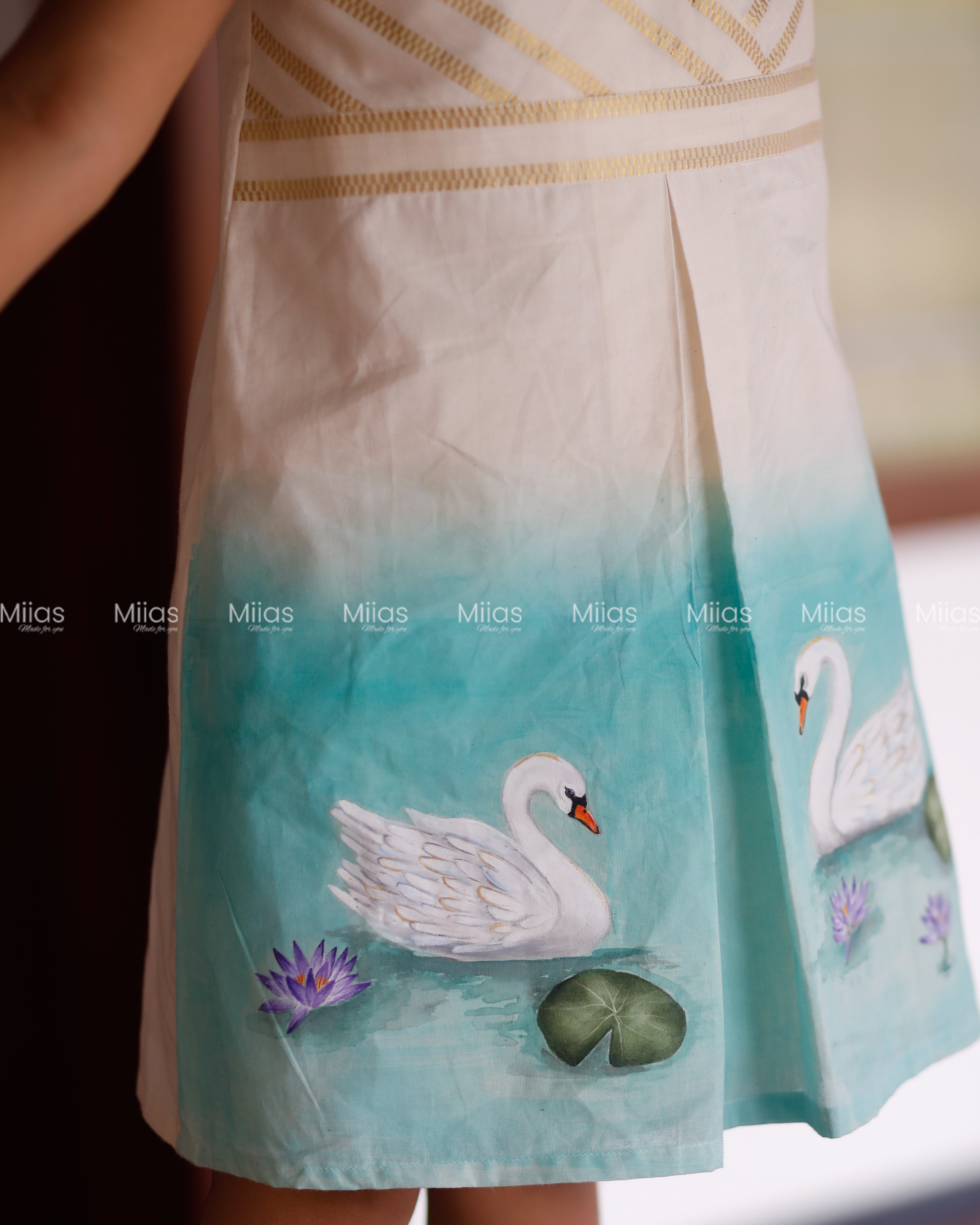 Kora Cotton A-Line Frock | Lurex Yoke + Hand-Painted Hem | Ivory