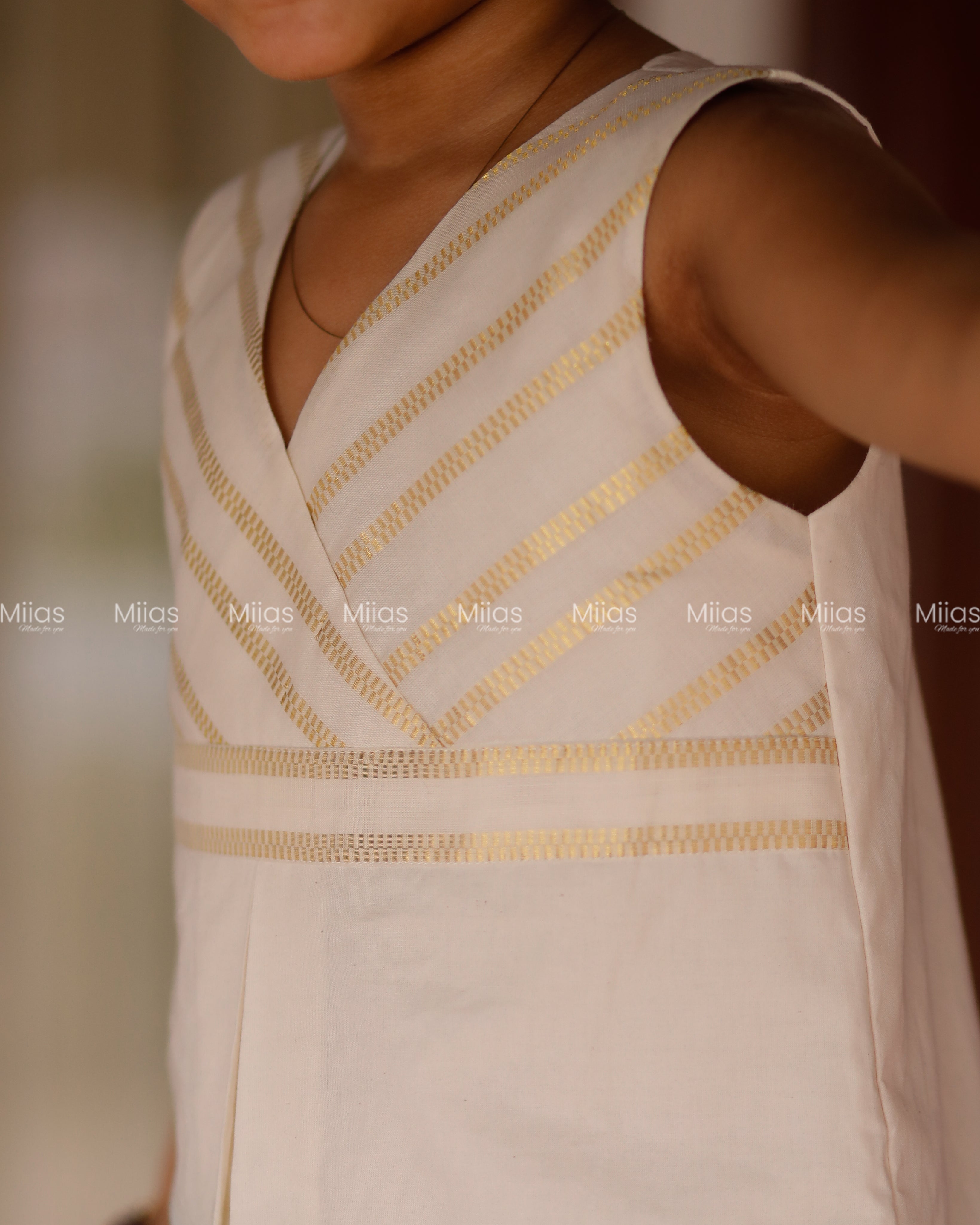 Kora Cotton A-Line Frock | Lurex Yoke + Hand-Painted Hem | Ivory