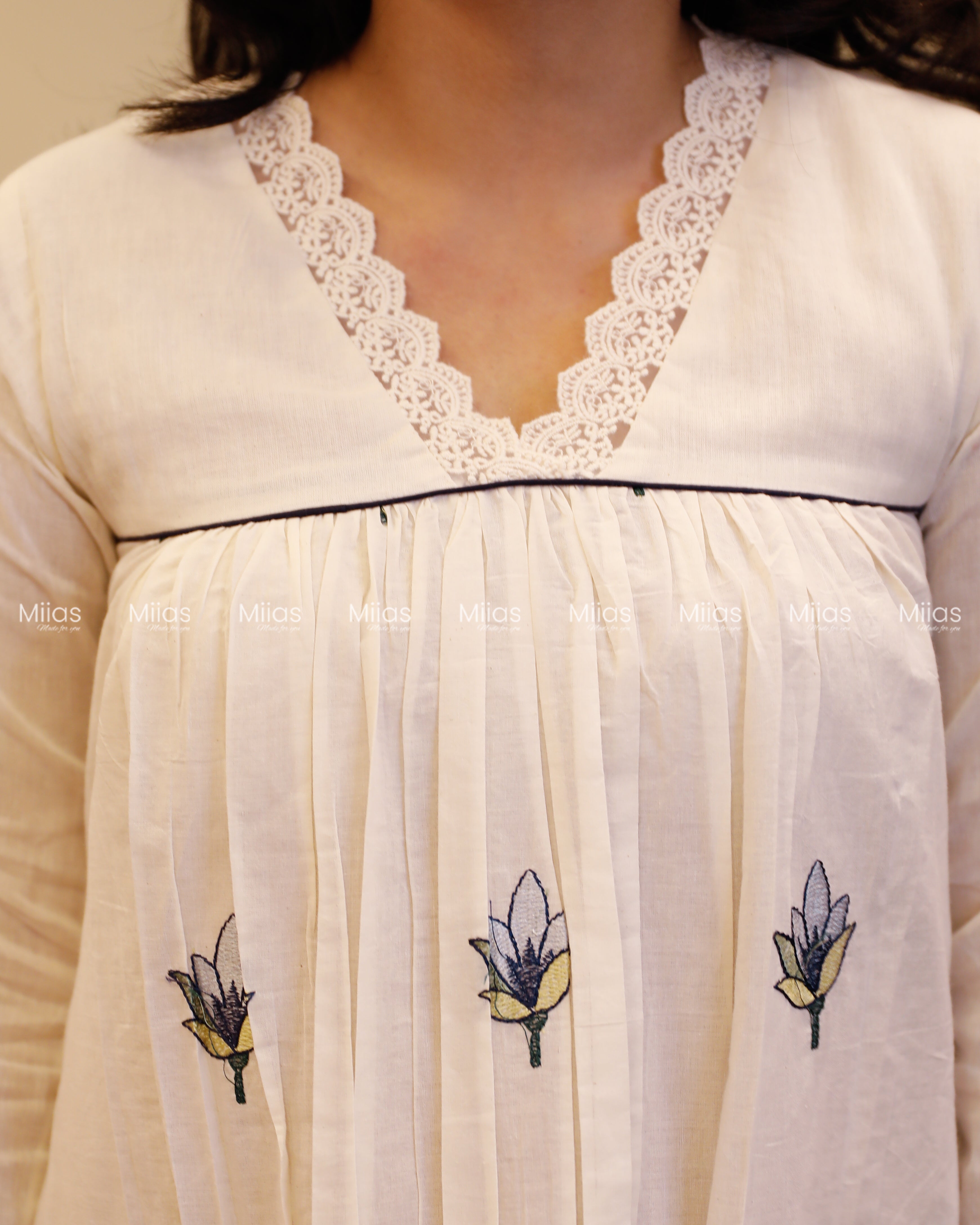 Kora Cotton Dress Kurti | Embroidered + Lace + Piping | Off-White