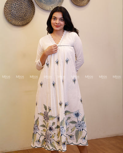 Kora Cotton Dress Kurti | Embroidered + Lace + Piping | Off-White