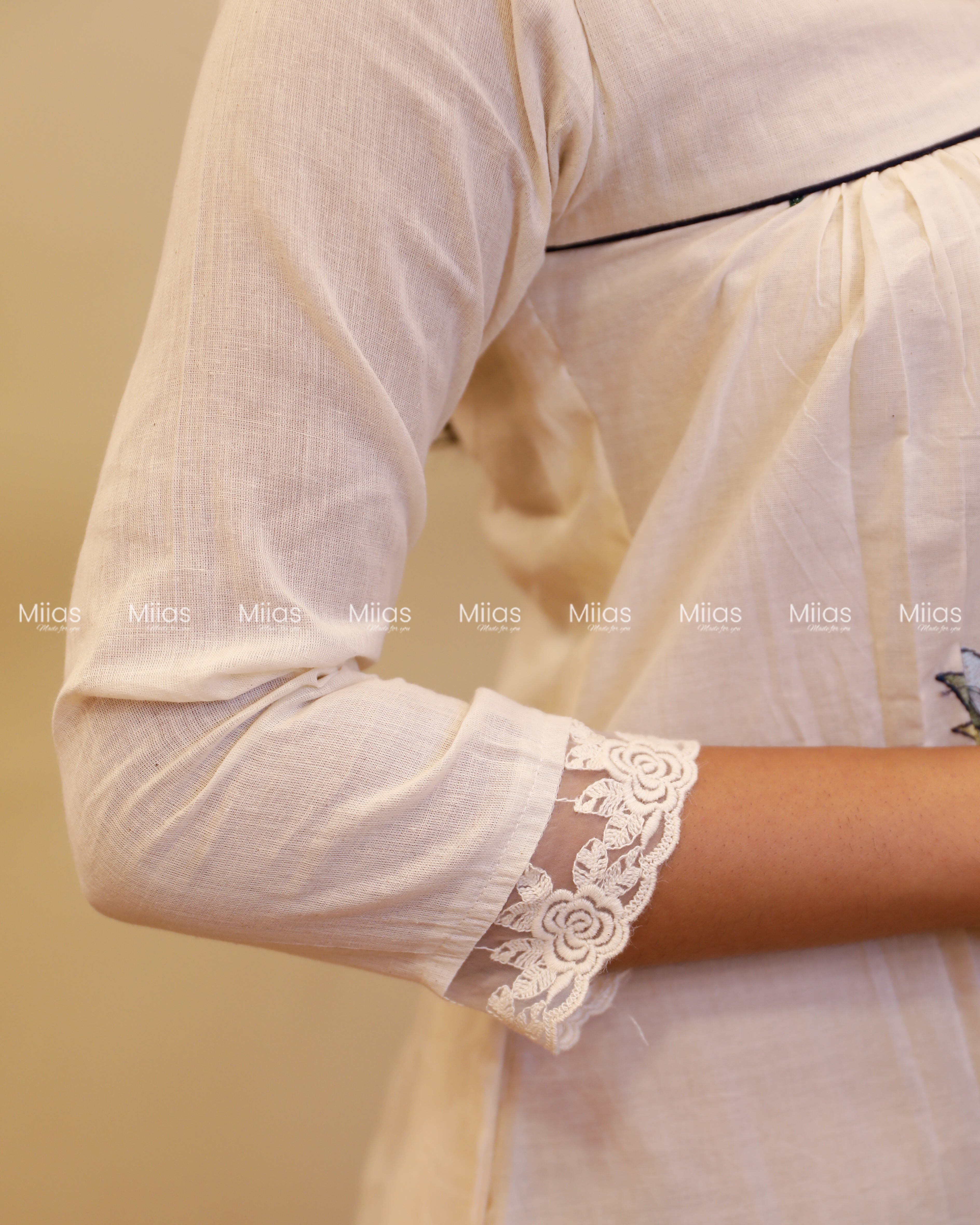 Kora Cotton Dress Kurti | Embroidered + Lace + Piping | Off-White