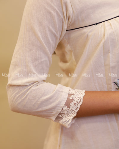 Kora Cotton Dress Kurti | Embroidered + Lace + Piping | Off-White