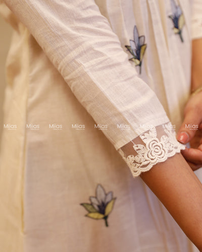 Kora Cotton Dress Kurti | Embroidered + Lace + Piping | Off-White