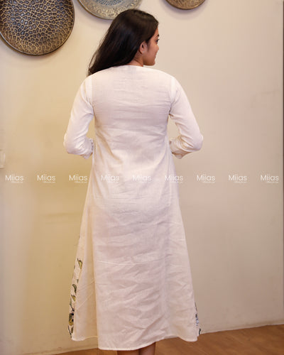 Kora Cotton Dress Kurti | Embroidered + Lace + Piping | Off-White