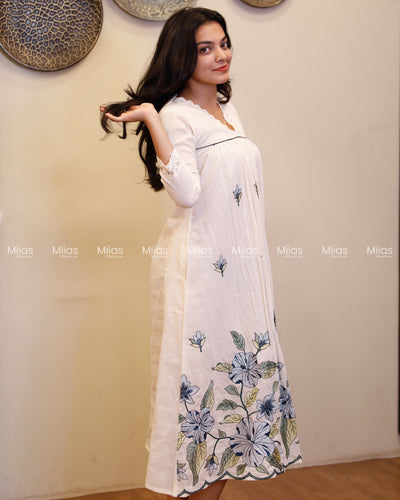 Kora Cotton Dress Kurti | Embroidered + Lace + Piping | Off-White