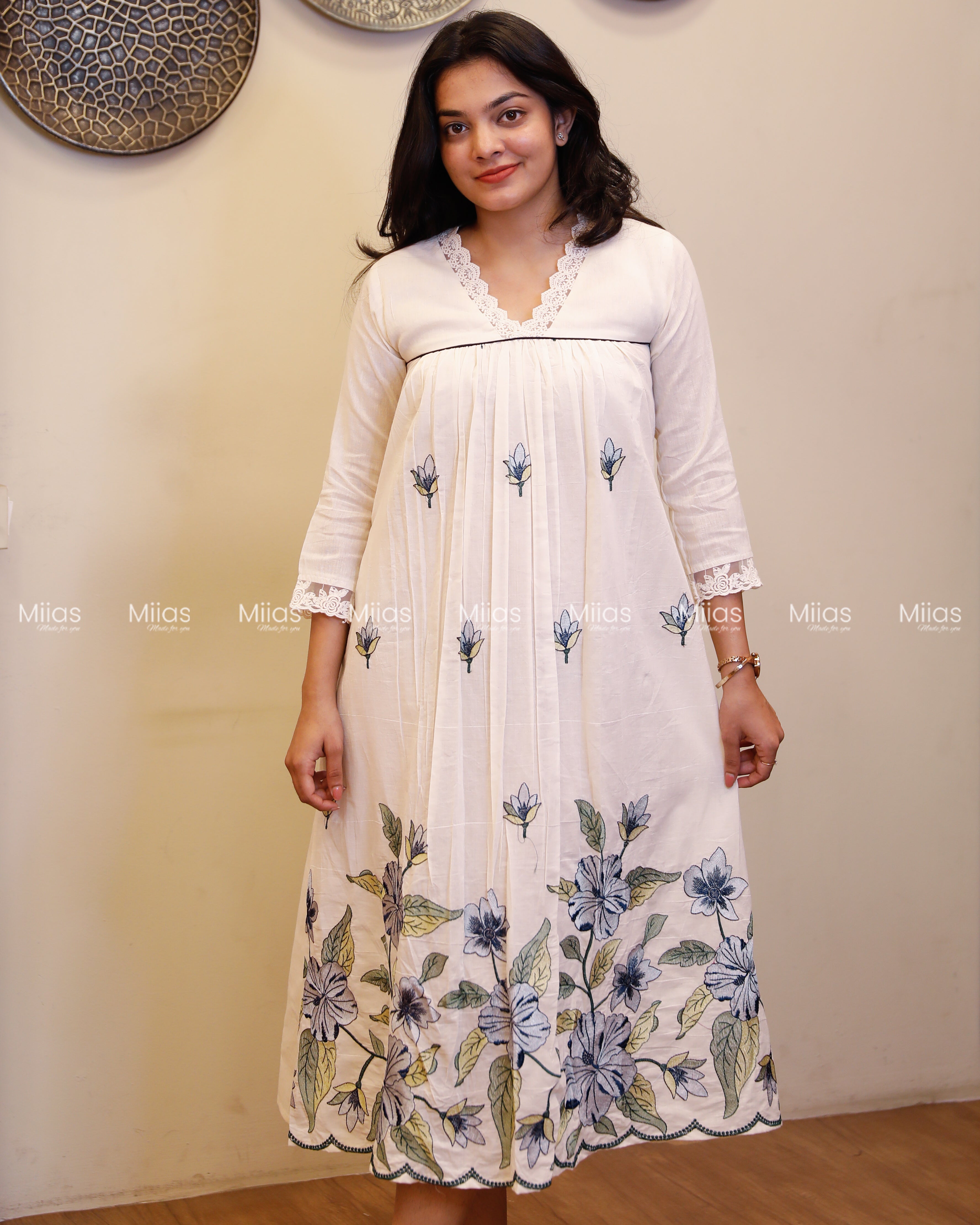 Kora Cotton Dress Kurti | Embroidered + Lace + Piping | Off-White