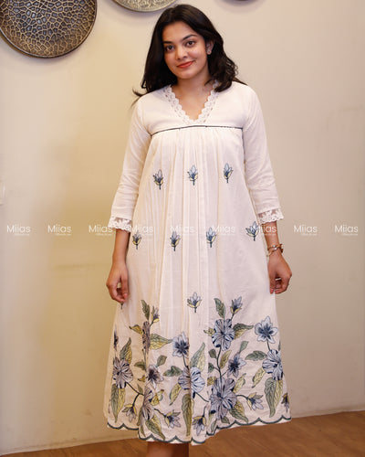Kora Cotton Dress Kurti | Embroidered + Lace + Piping | Off-White