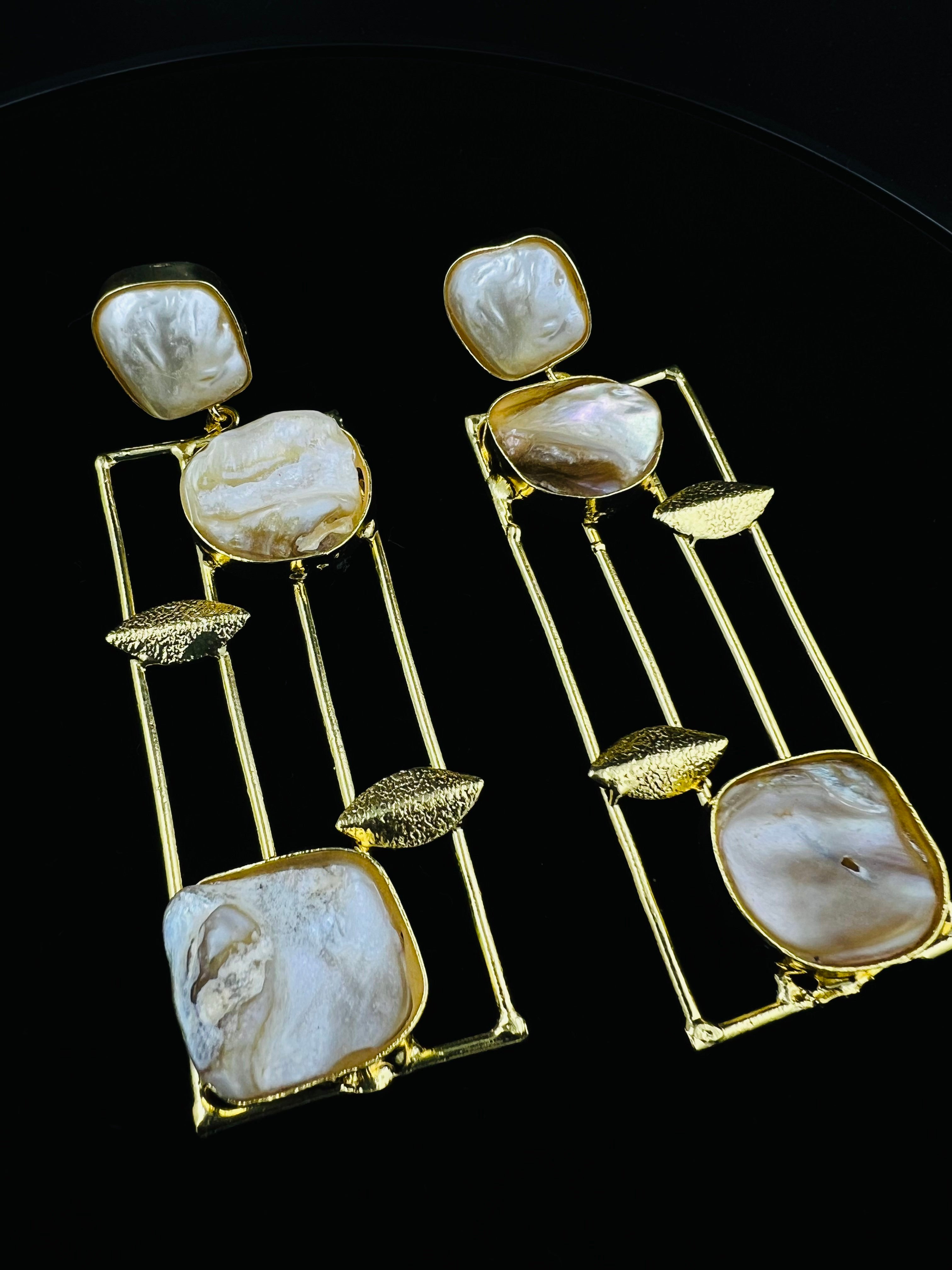 Artisan Gold Drop Earrings with Mother-of-Pearl