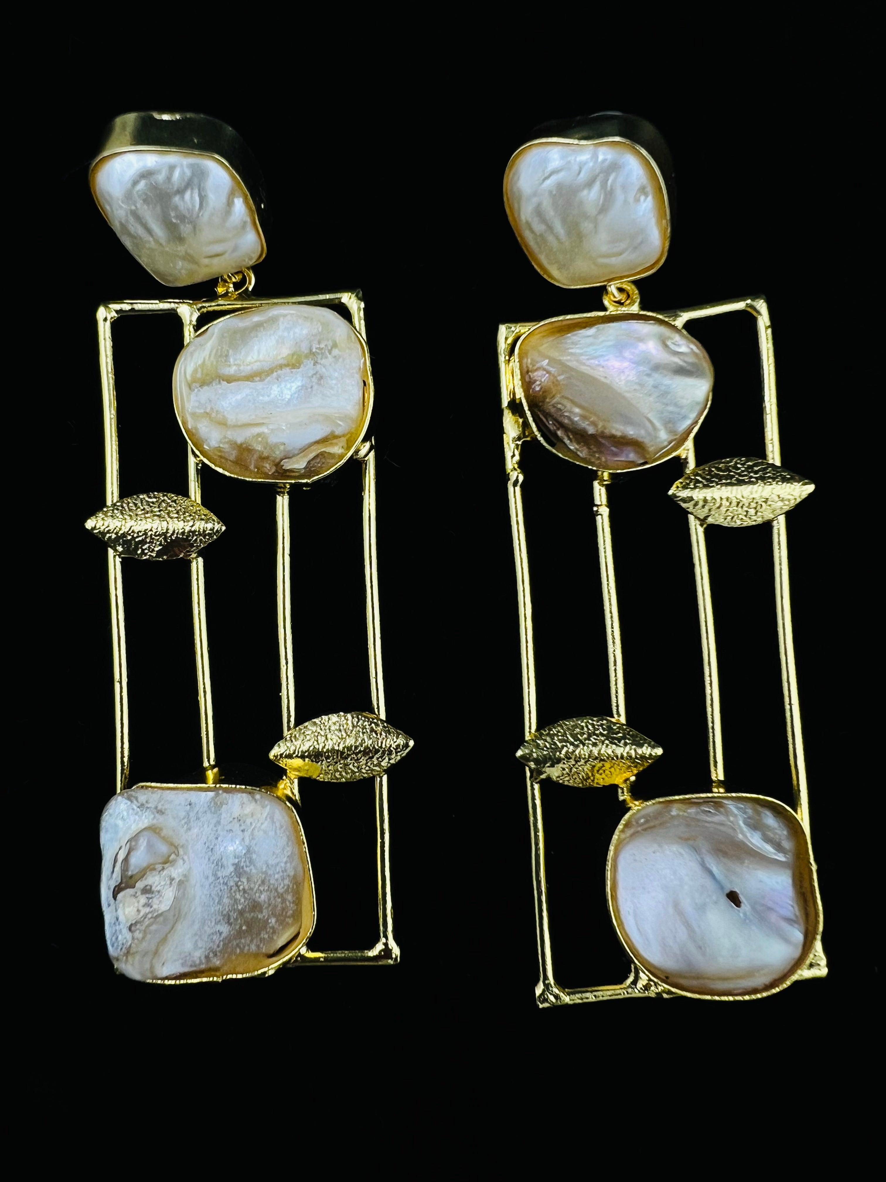 Artisan Gold Drop Earrings with Mother-of-Pearl