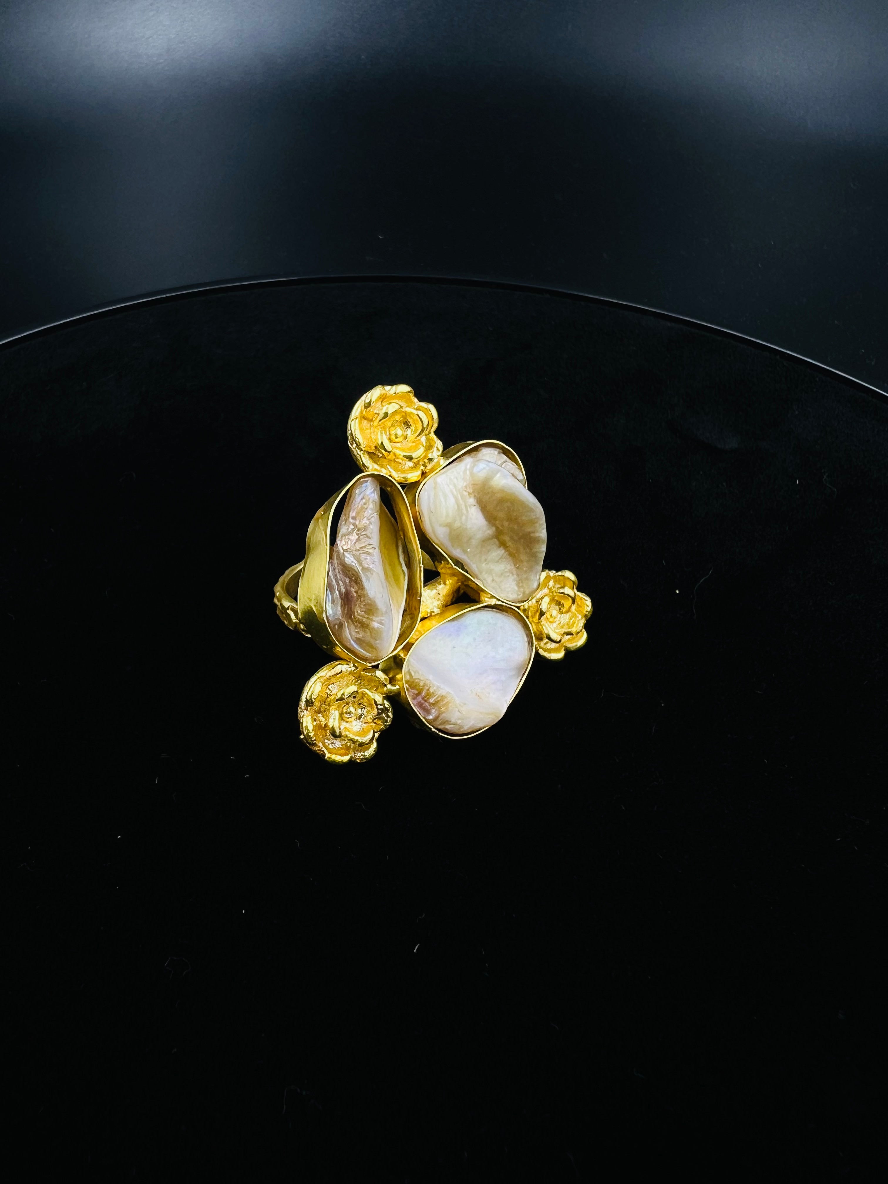 Ornate Floral Mother-of-Pearl Ring in Gold Tone