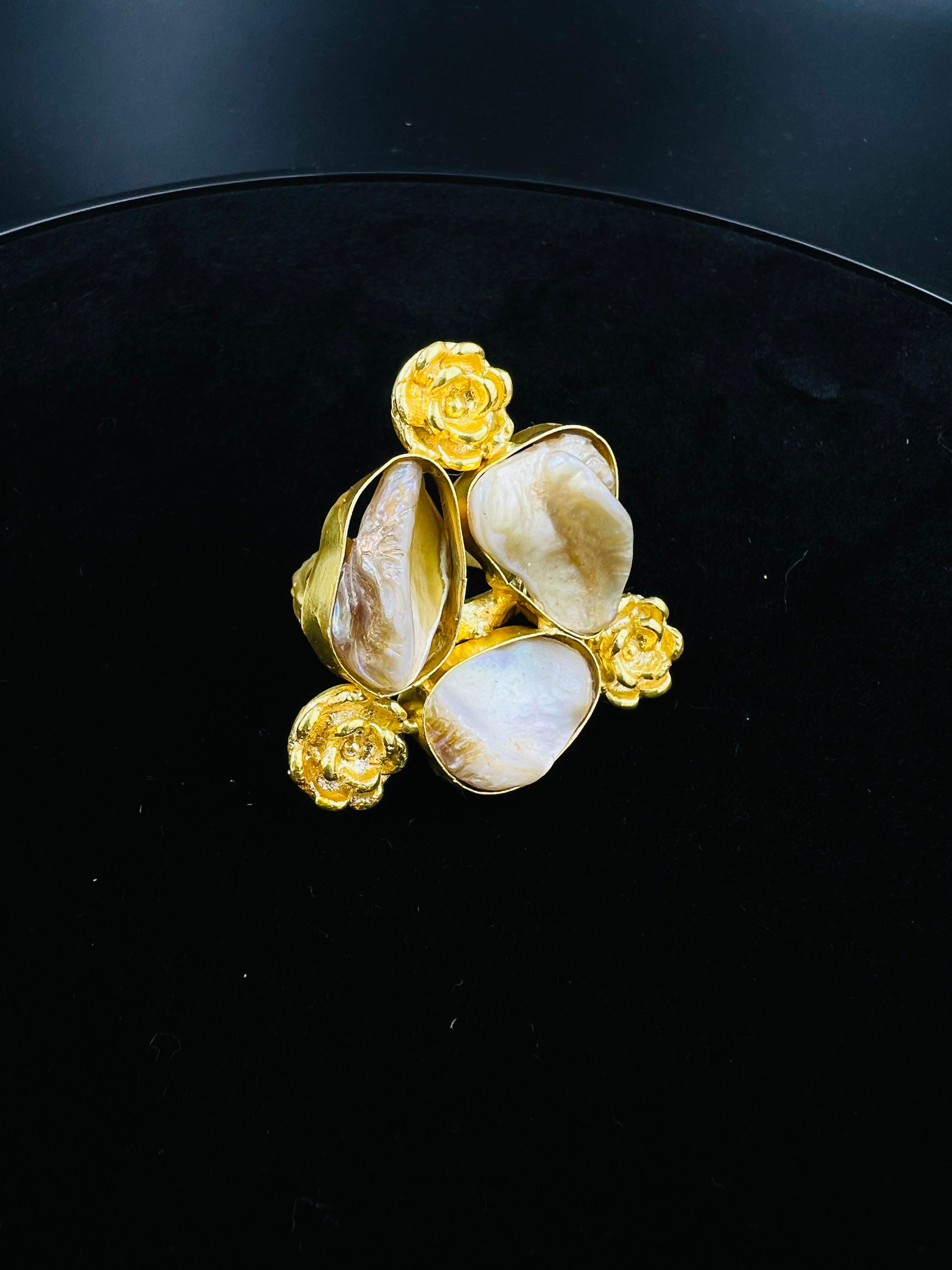 Ornate Floral Mother-of-Pearl Ring in Gold Tone