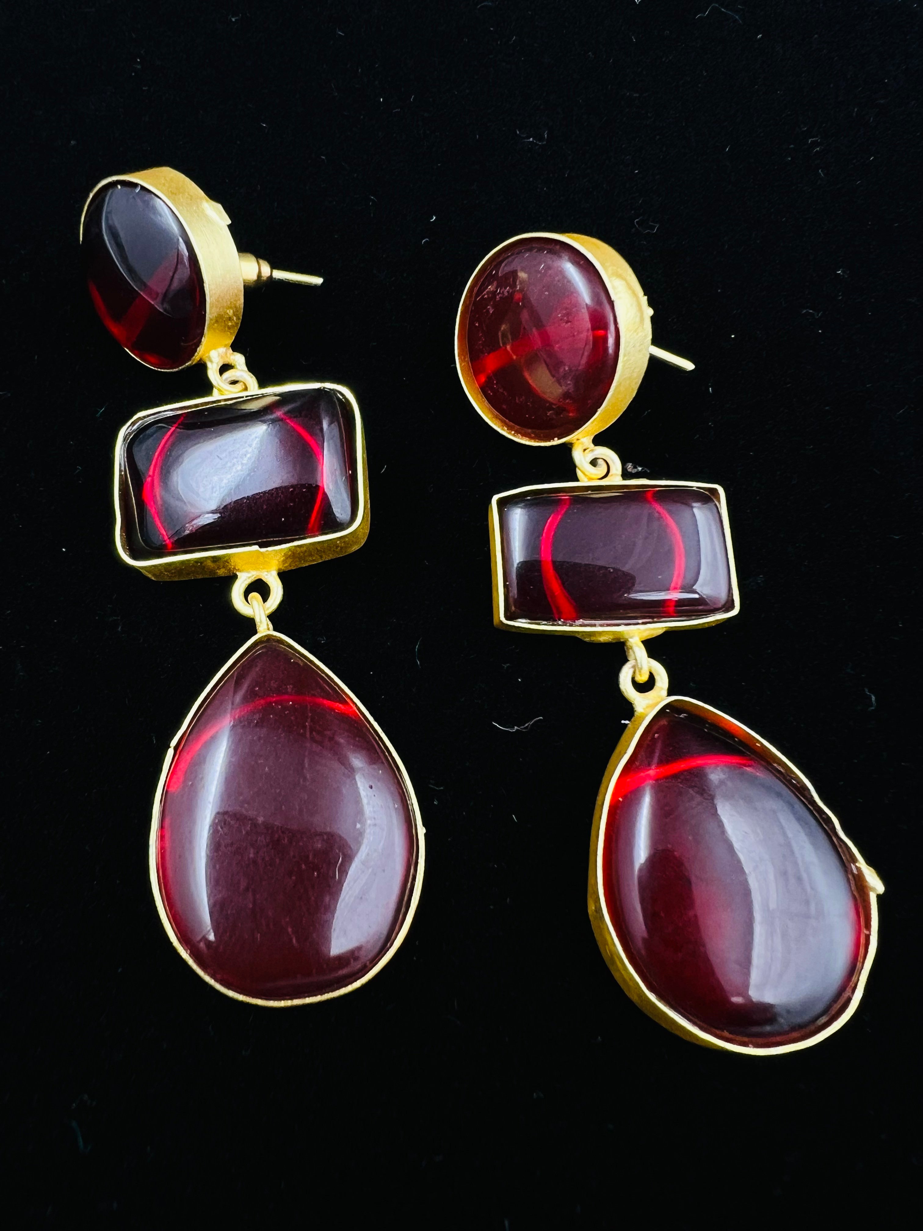 Golden Amber Drop Earrings with Geometric Cascading Stones