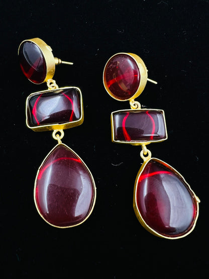 Golden Amber Drop Earrings with Geometric Cascading Stones