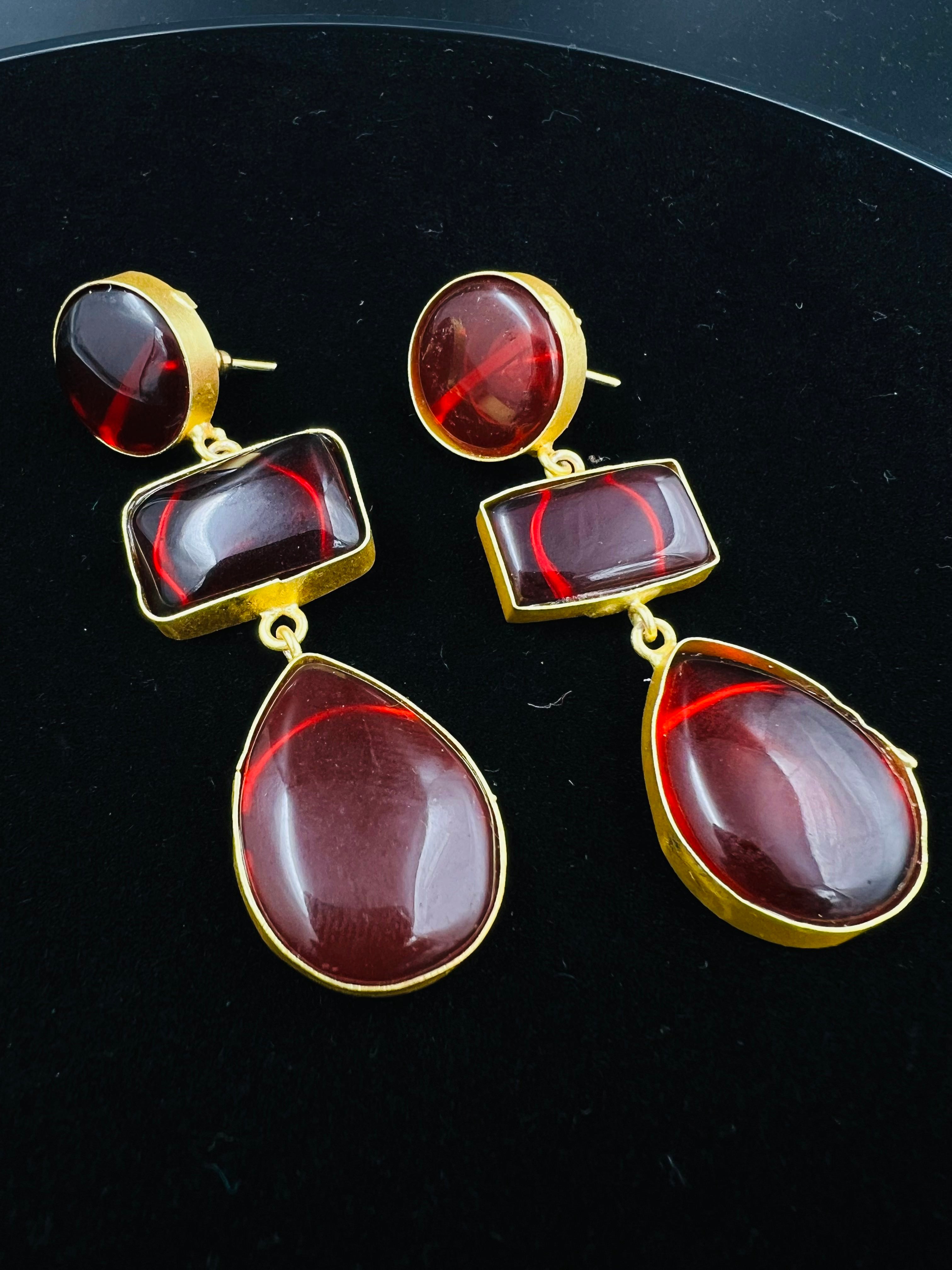 Golden Amber Drop Earrings with Geometric Cascading Stones