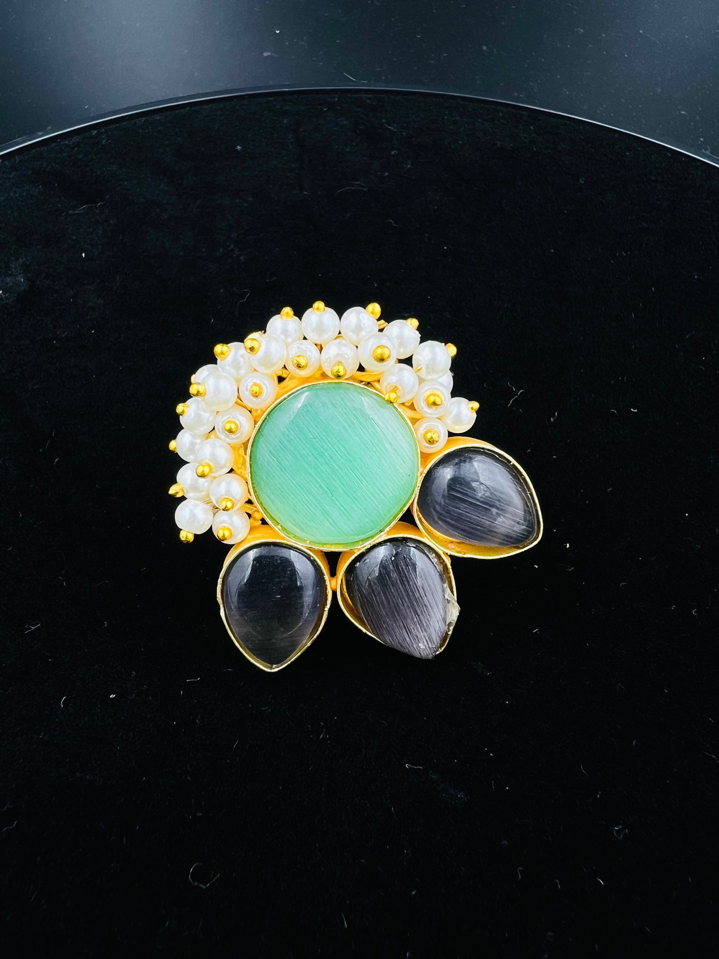 Gold Tone Pearl Halo Ring with Green Stone & Onyx Accents