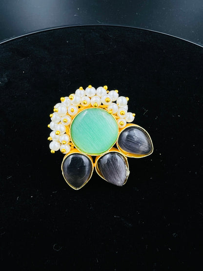 Gold Tone Pearl Halo Ring with Green Stone & Onyx Accents
