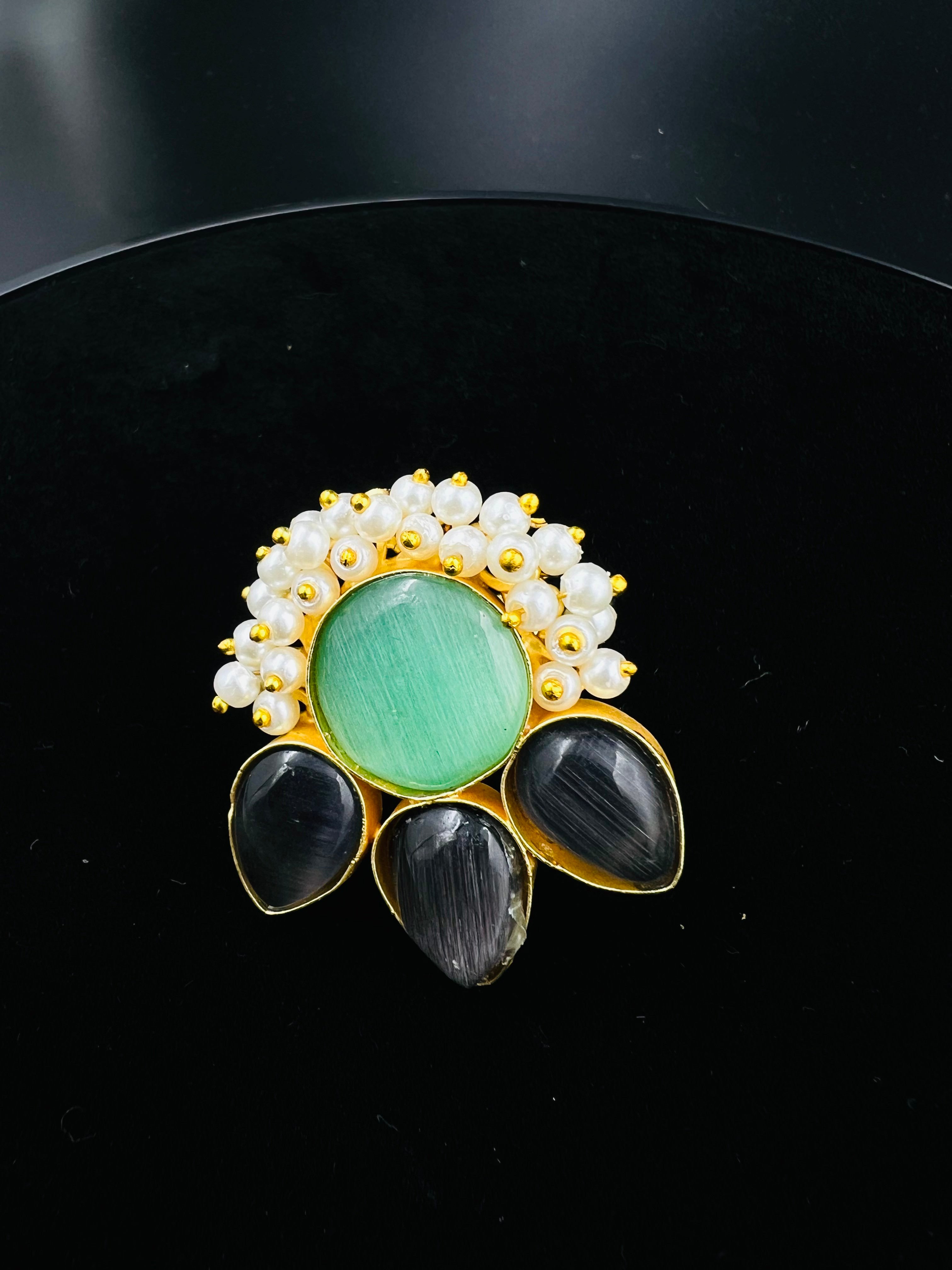 Gold Tone Pearl Halo Ring with Green Stone & Onyx Accents