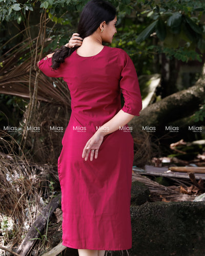 Vatican Fabric Slit Top | Beaded Round Neck | Rani Pink